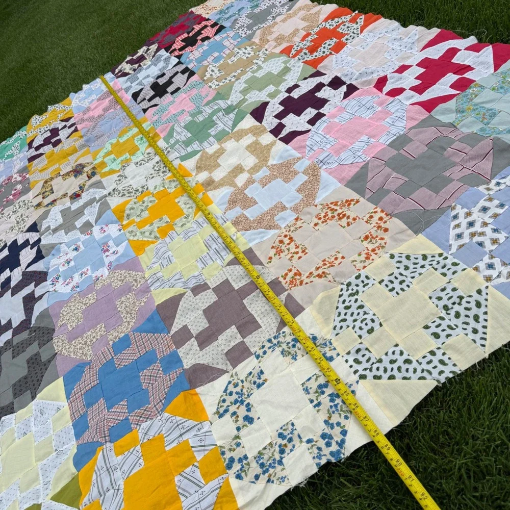 Rare Vintage Handmade Scrappy Patchwork Quilt Top Colorful Cotton Folk Art 92x82